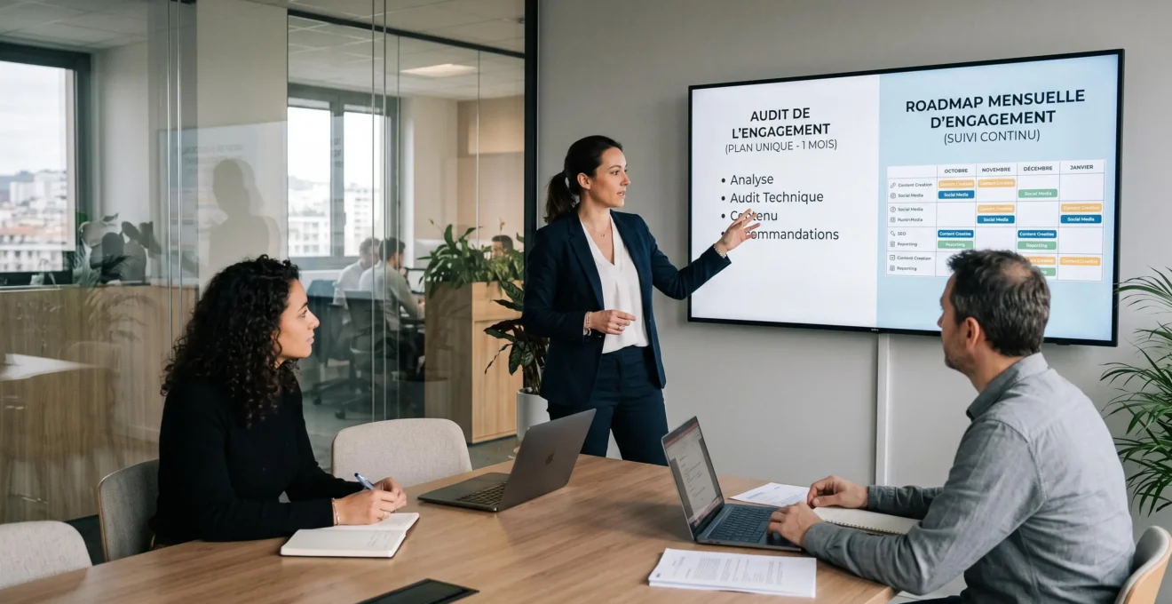 Un consultant présente à deux clients deux formats d'engagement différents affichés sur un écran dans une agence digitale.